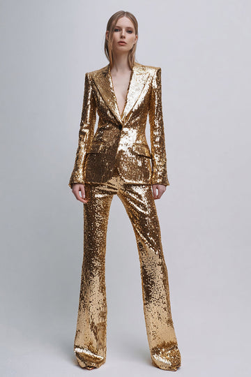 2 Piece Sparkly Gold Peak Lapel Women Prom Suits With Sleeves